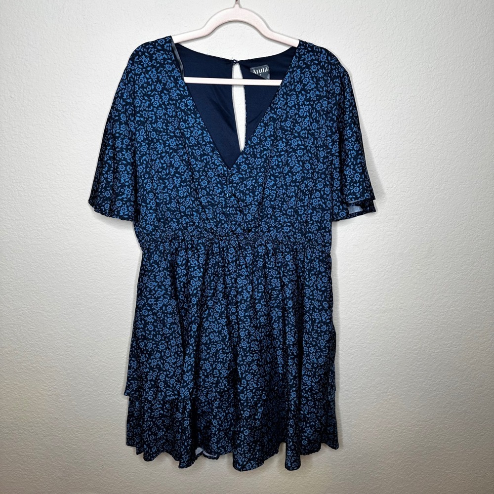 Arula Cottage Core Floral V-Neck Tiered Mini Dress with Pockets Size B Plus Size